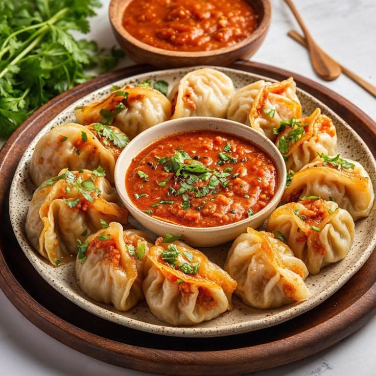 A plate of dumplings with red chilli